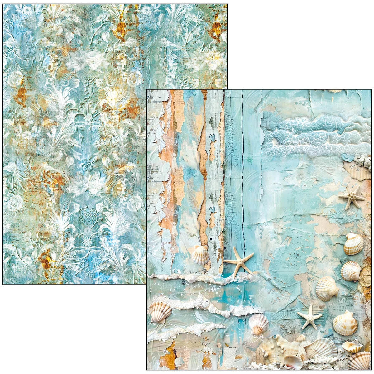 Two panels of textured paper with ocean-themed designs featuring shells and starfish.