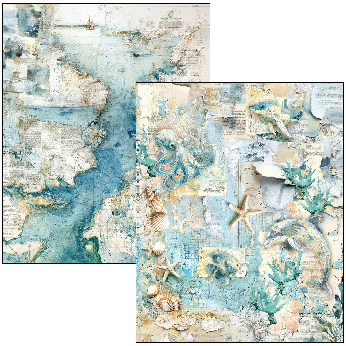 Two pieces of decorative paper with ocean-themed designs featuring shells and starfish.