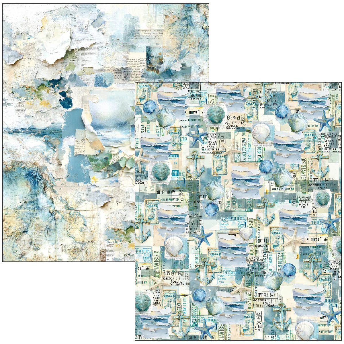 Two sheets of paper with nautical-themed designs featuring seashells, stars, and text.