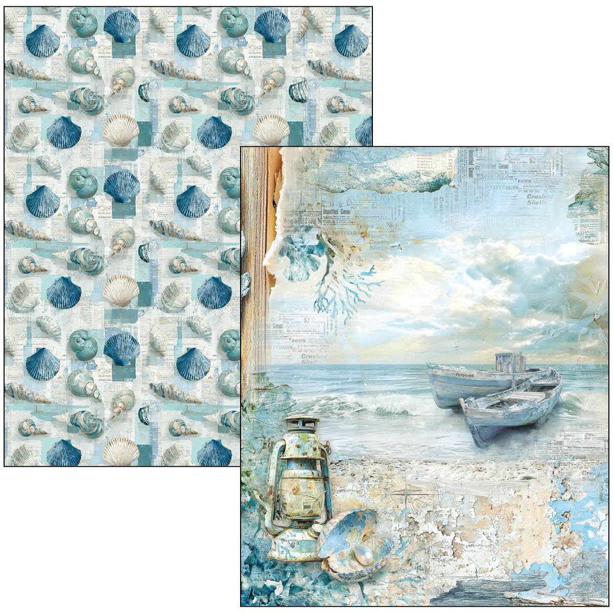 Nautical-themed paper with shell pattern and beach scene