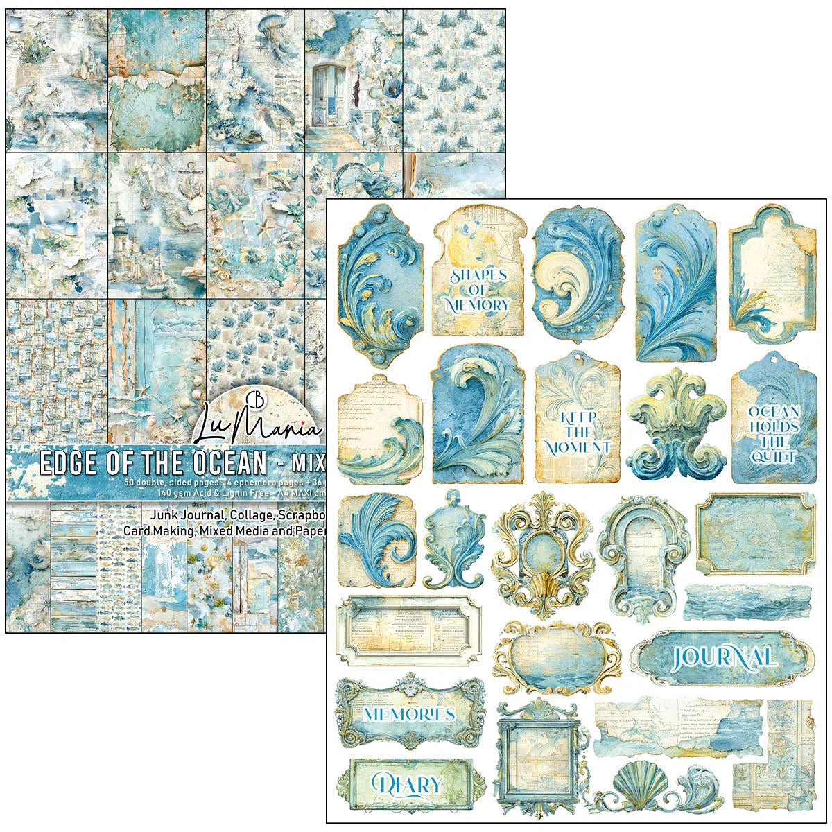 Collection of decorative elements with ocean-themed design on a white background