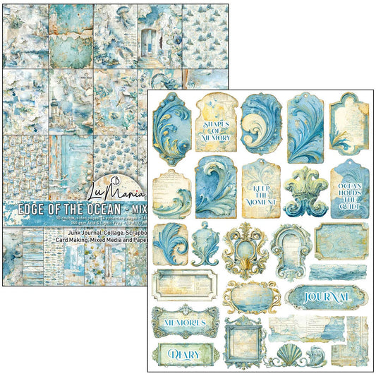 Collection of decorative elements with ocean-themed design on a white background