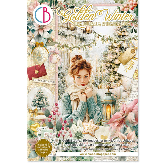 A decorative product cover for a collage paper pack titled 'Golden Winter' by Ciao Bellapaper. The design features a vintage-style illustration of a woman in a winter outfit surrounded by Christmas trees, pink flowers, lanterns, and gold ornaments, with text describing the 360+ images and adhesive pages included.