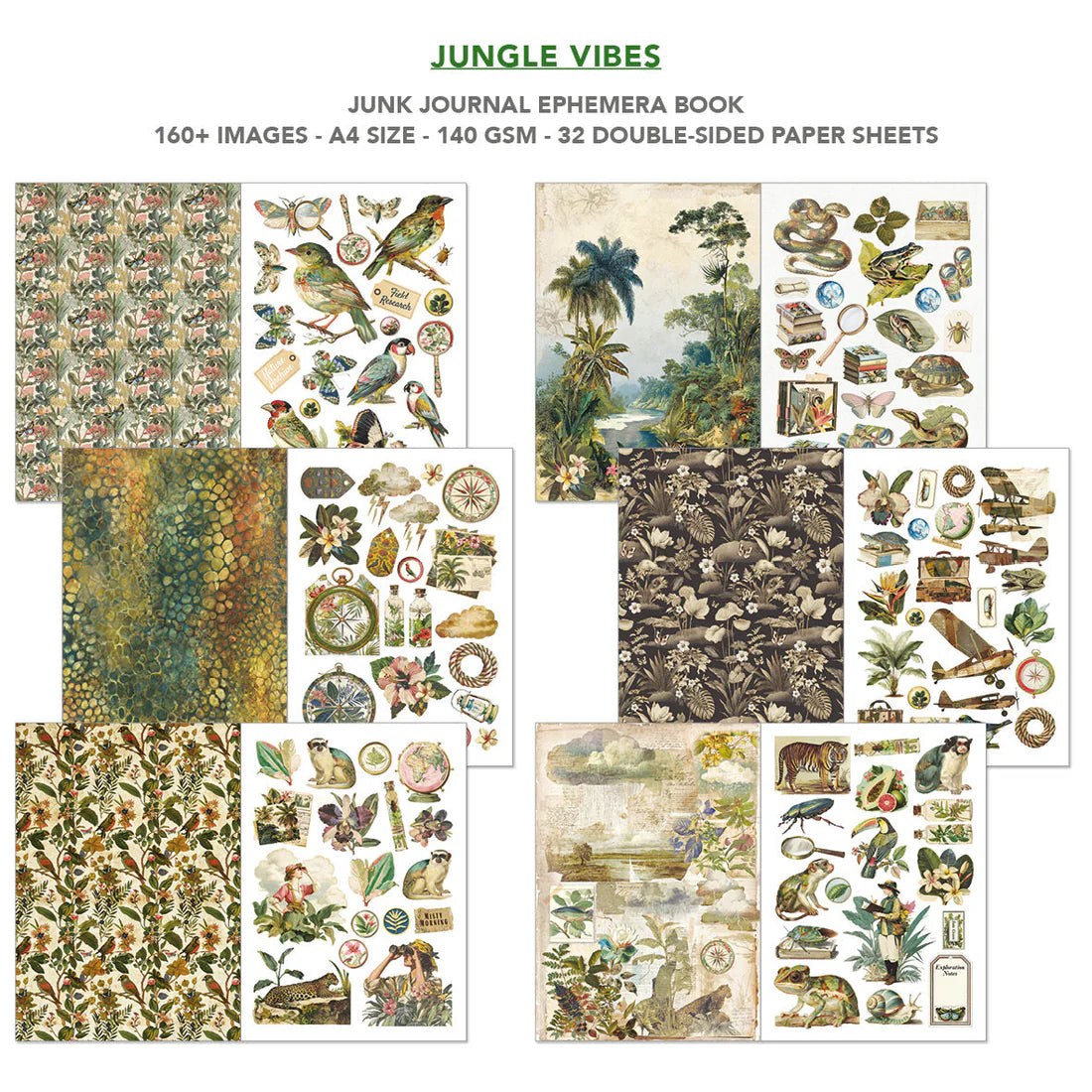 Junk journal ephemera book with jungle-themed designs on a white background