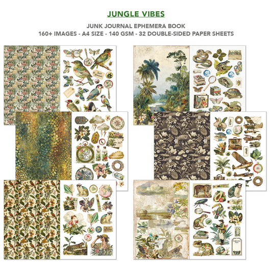 Junk journal ephemera book with jungle-themed designs on a white background