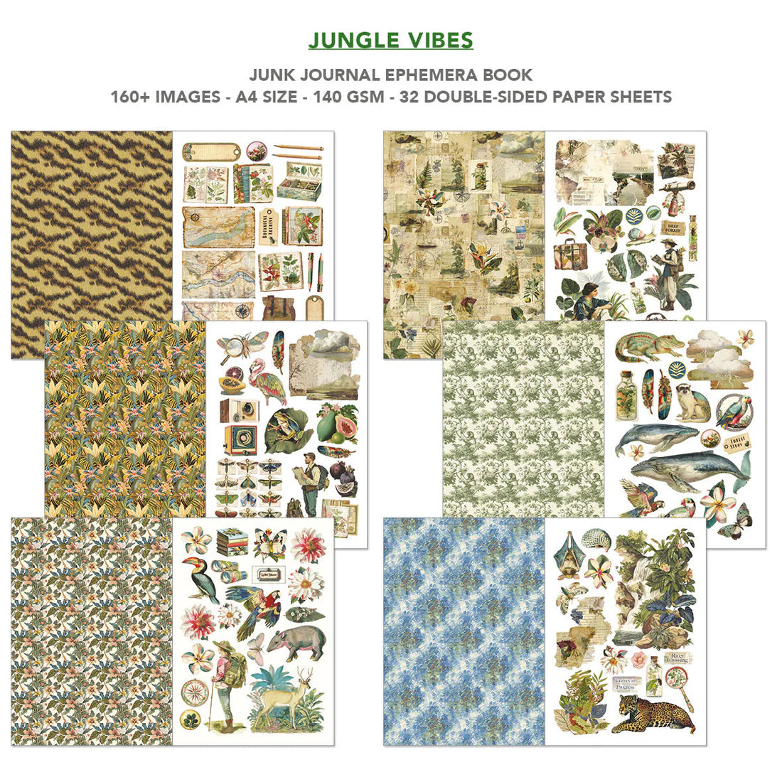 Junk journal ephemera book with various patterns and illustrations on a white background