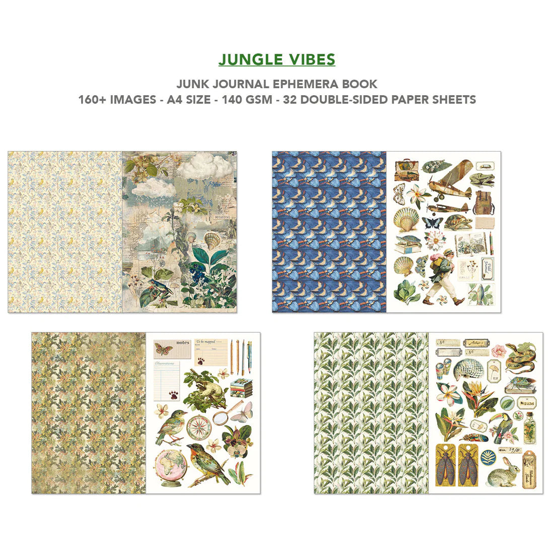 Jungle-themed junk journal ephemera book with various designs on a white background