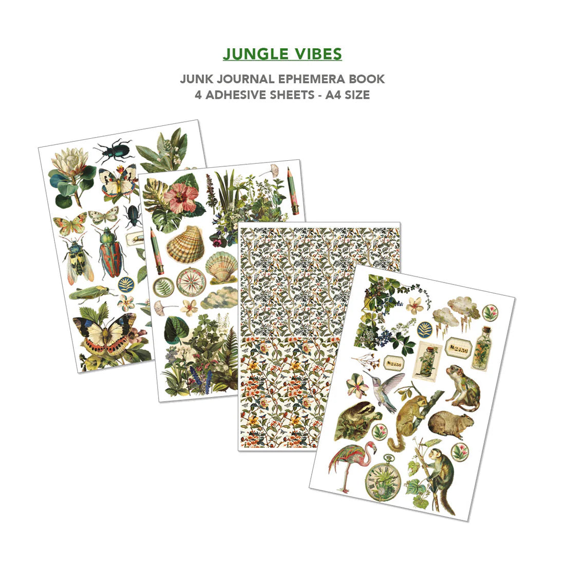 Junk Journal Ephemera Book with jungle-themed designs on adhesive sheets, labeled 'Jungle Vibes'.