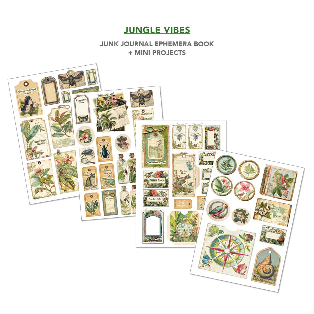 Jungle-themed junk journal ephemera book with various designs on a white background.