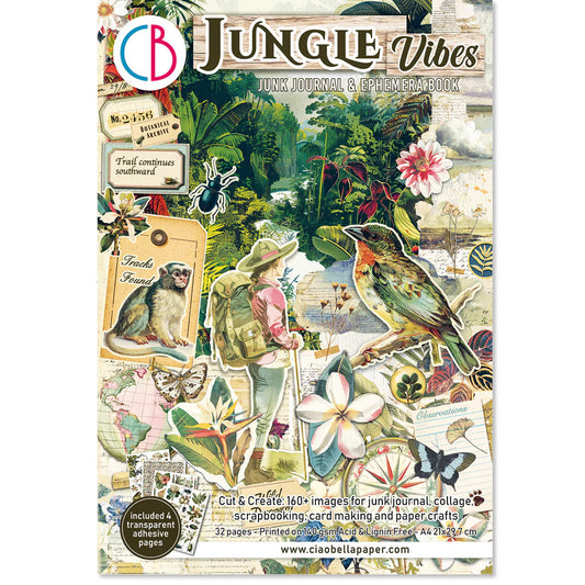 Jungle-themed junk journal and ephemera book with illustrations of a explorer, monkey, and bird on a white background.