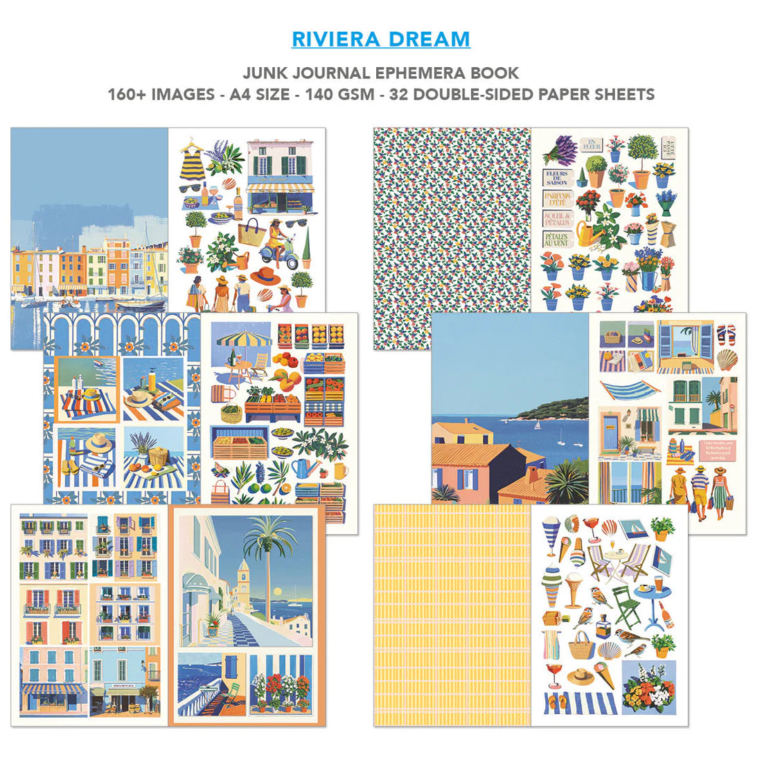 Junk Journal Ephemera Book titled 'Riviera Dream' with various scenic and patterned pages.