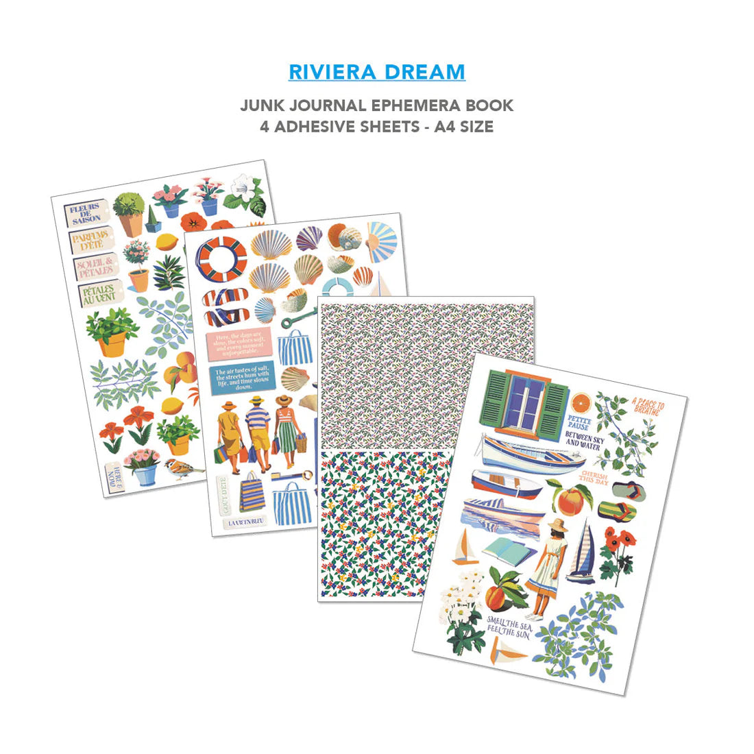 Junk Journal Ephemera Book with adhesive sheets featuring various designs on a white background.