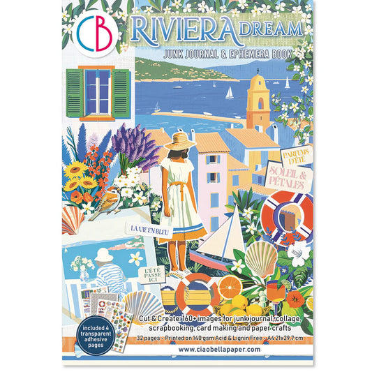 Cover of a 'Riviera Dream' junk journal & ephemera book by Ciao Bella Paper with colorful illustration of a woman in a Mediterranean town.