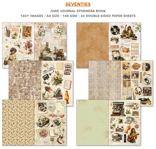 Collection of vintage-style paper sheets with different designs and textures, labeled 'Seventies'.