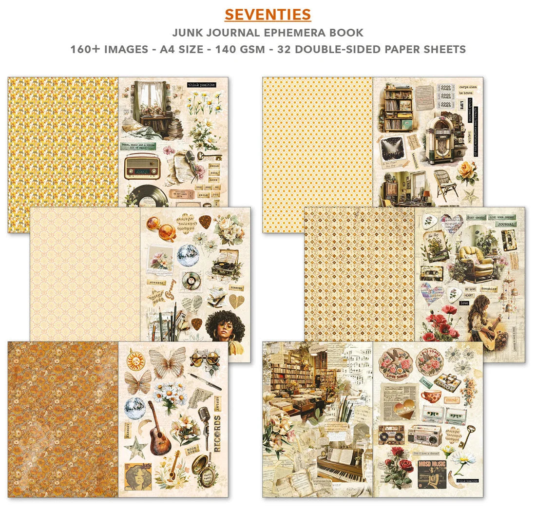 Collection of vintage-themed paper sheets with images and patterns, labeled 'Seventies'.