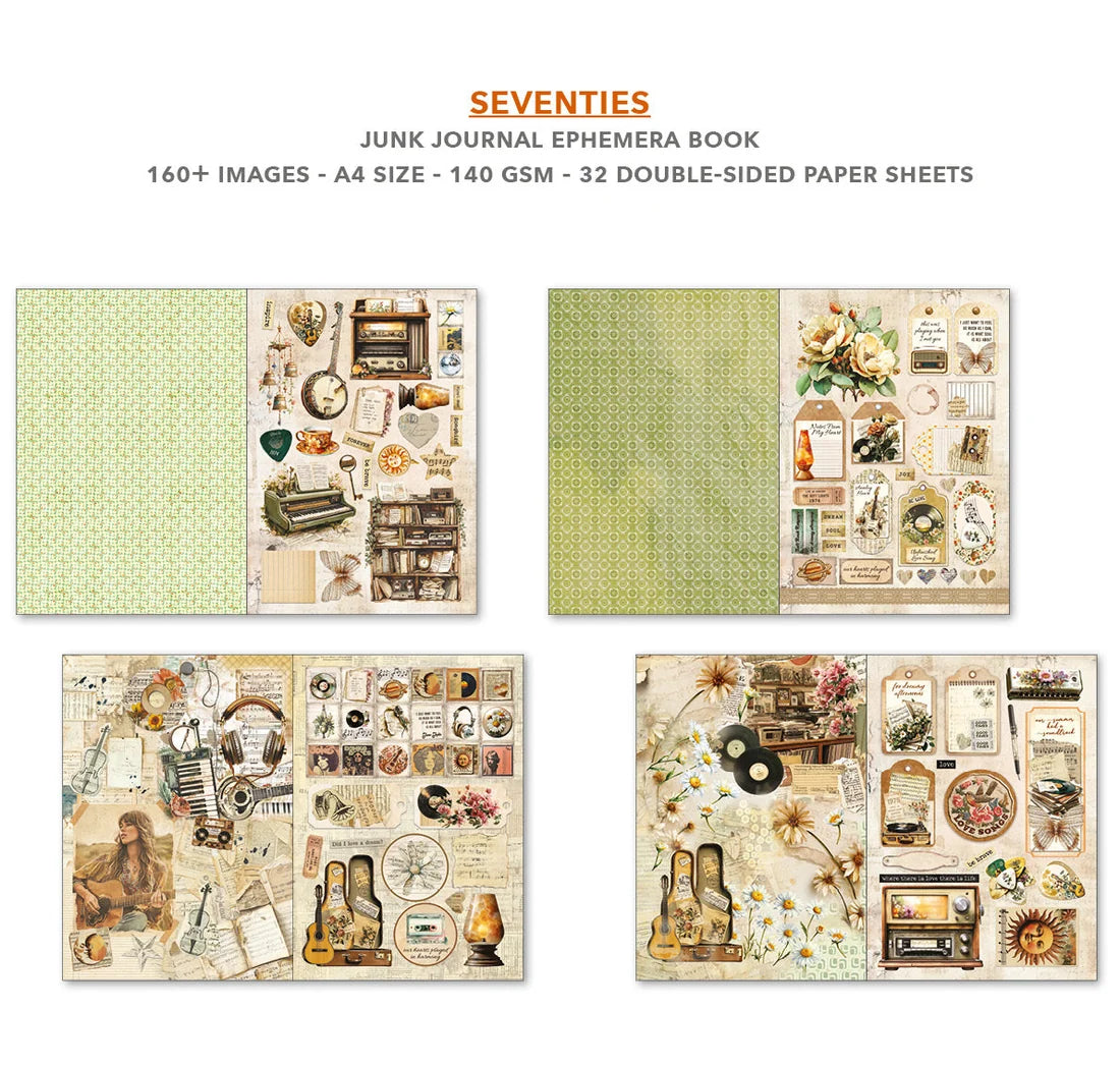 Junk Journal Ephemera Book with vintage-themed paper sheets on a white background