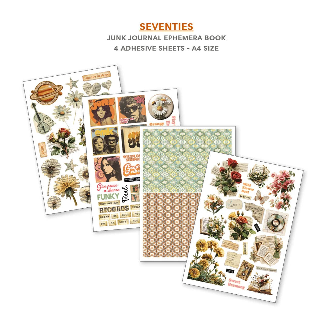 Four adhesive sheets from a 'Seventies' junk journal ephemera book on a white background.