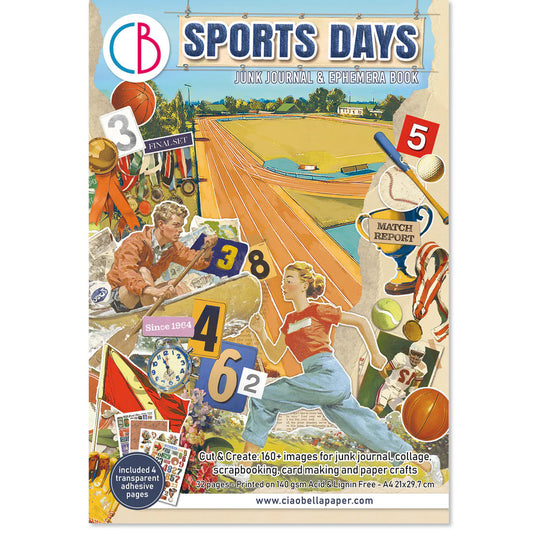 Sports-themed junk journal and ephemera book with various sports elements on a white background