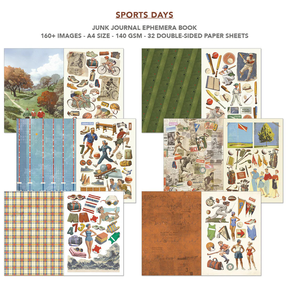 Collage of sports-themed scrapbooking paper sheets with text on a white background