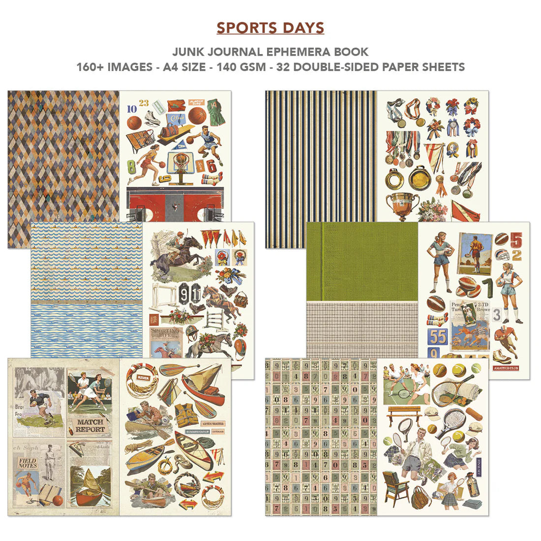 Collection of sports-themed scrapbooking paper sheets with various patterns and images on a white background.