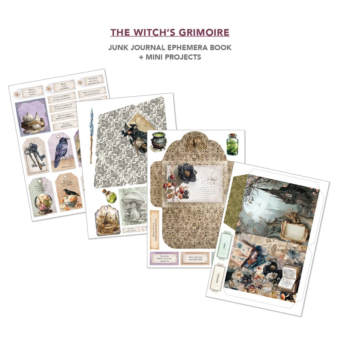 Four decorative sticker sheets for a junk journal or ephemera book, displayed on a white background with the text 'THE witch's grimoire' and 'JUNK JOURNAL EPHEMERA BOOK 4 ADHESIVE SHEETS - A4 SIZE' above them. The sheets feature vintage-style illustrations including witches, ravens, haunted house, and textured envelope pockets