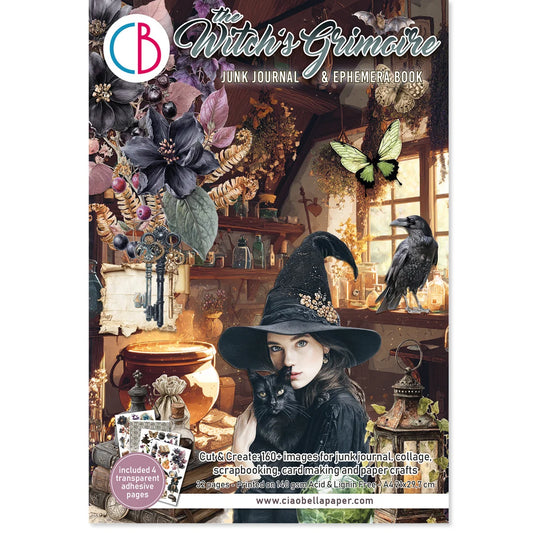 cover ciao bella's the witch's grimoire junk journal and ephemera book cover with a witch, cat, and spooky theme background