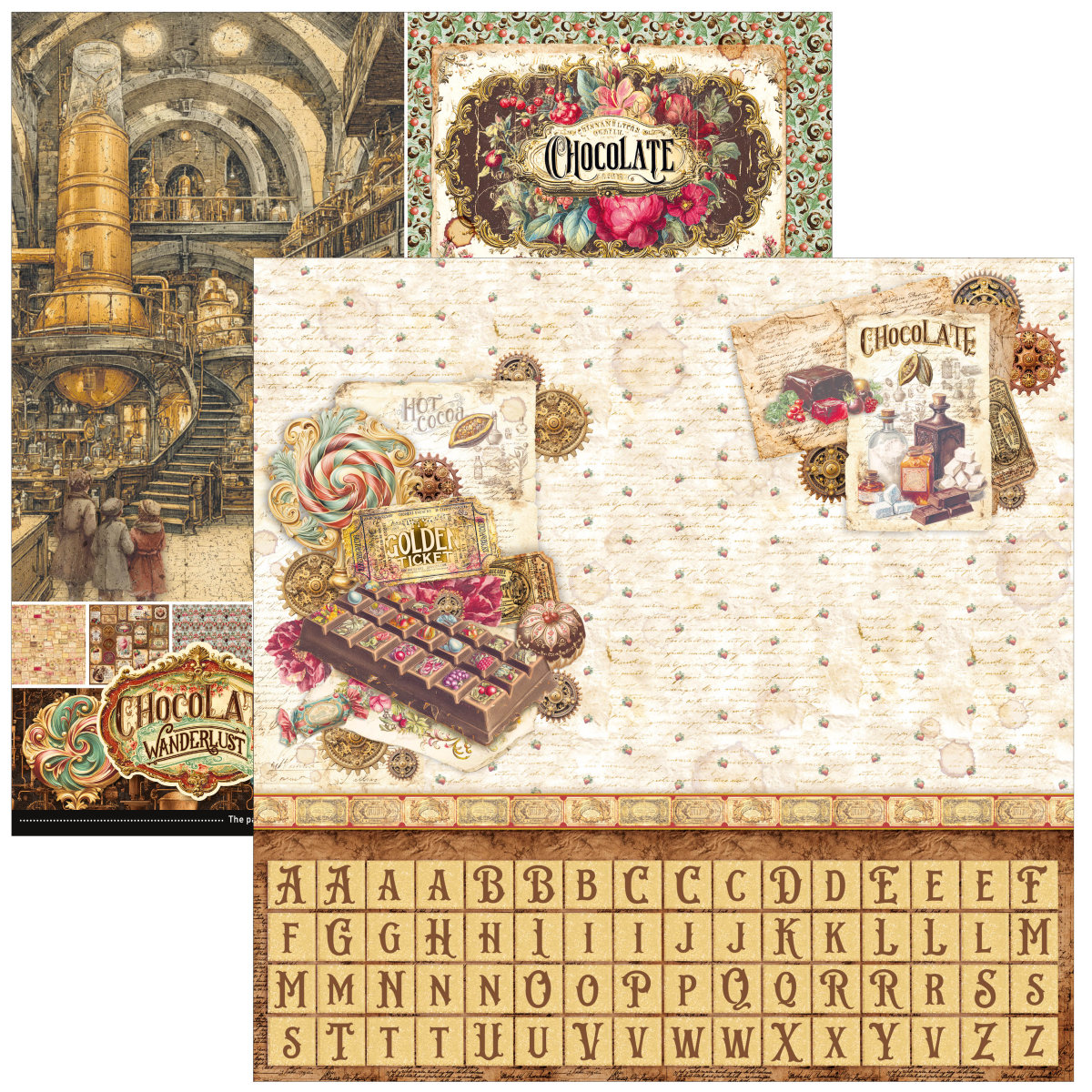 A scrapbook paper sheet featuring vintage chocolate-themed illustrations, including a grand staircase, floral chocolate boxes, script text, decorative seals, and a border of alphabet letters, with a smaller inset showing coordinating patterned papers.