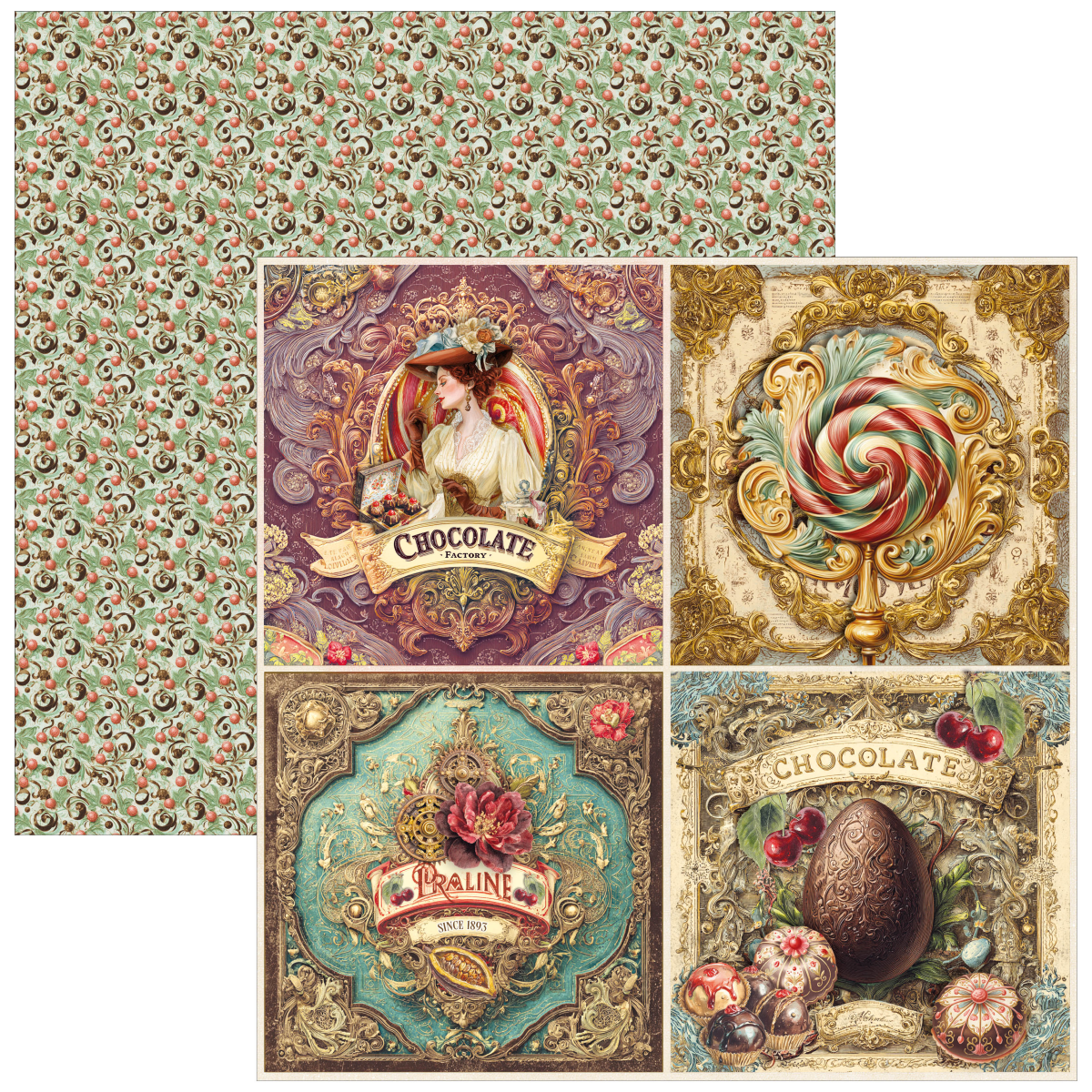 2 sheets of patterned scrapbook paper with a vintage chocolate-themed floral design, shown with a folded corner revealing a coordinating patterned backing. The front features four decorative panels with illustrations of a woman with a chocolate cup, a candy lollipop in a gold horn, a chocolate flower with the label 'PRALINE', and a large chocolate egg surrounded by cherries and flowers, with 'CHOCOLATE' banners on two panels.