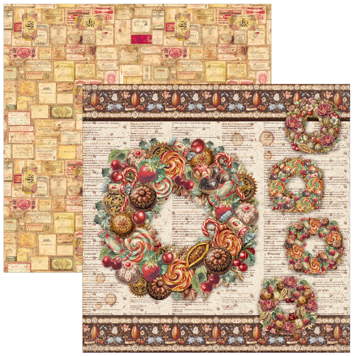 Two square decorative paper sheets with vintage holiday and candy designs. The front sheet features a large wreath and four smaller wreaths over an aged newspaper background, with a patterned border.
