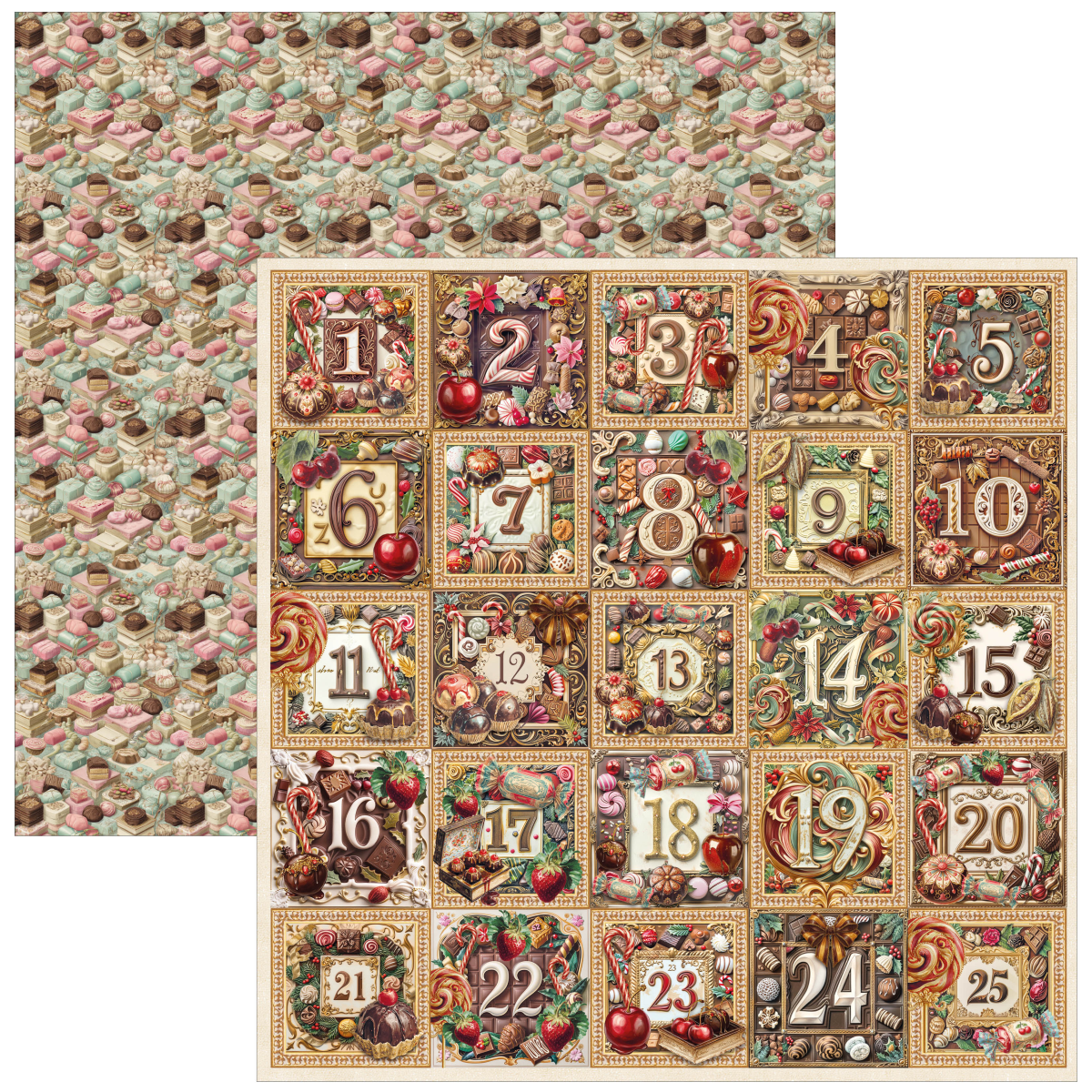 A sheet of patterned scrapbook paper with a 25-cell advent calendar design, shown with one corner folded back to reveal the full repeating pattern of numbered boxes with candy, nuts, and holiday motifs.