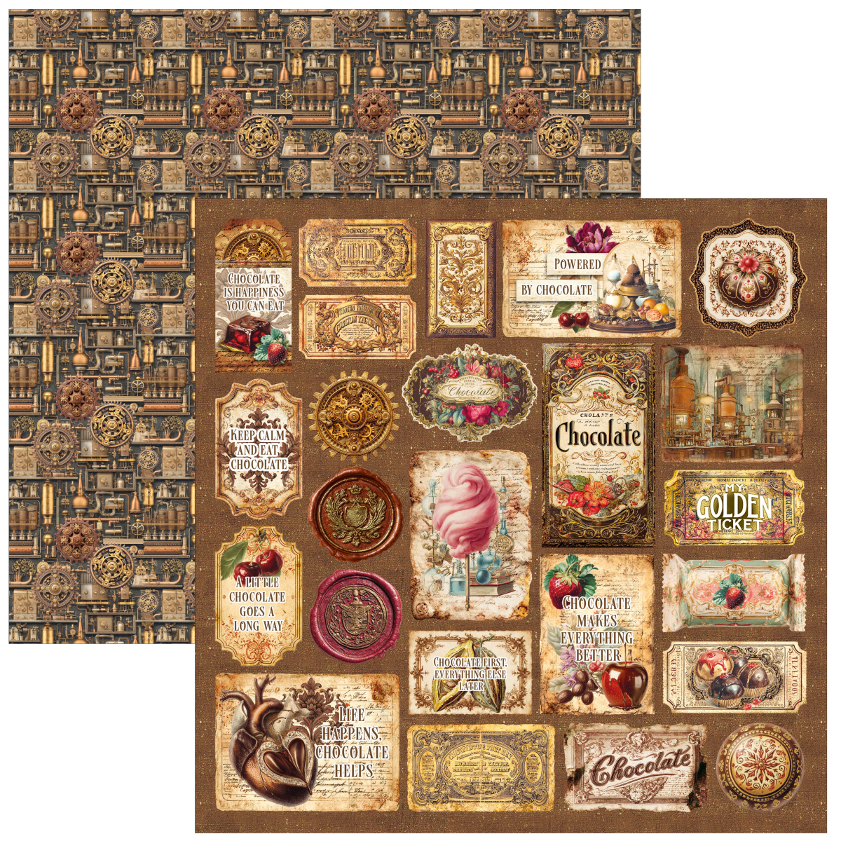 Chocolate candy themed scrapbooking paper sheet with a brown background, featuring vintage chocolate and gold ticket designs, alongside a coordinating patterned backing sheet.
