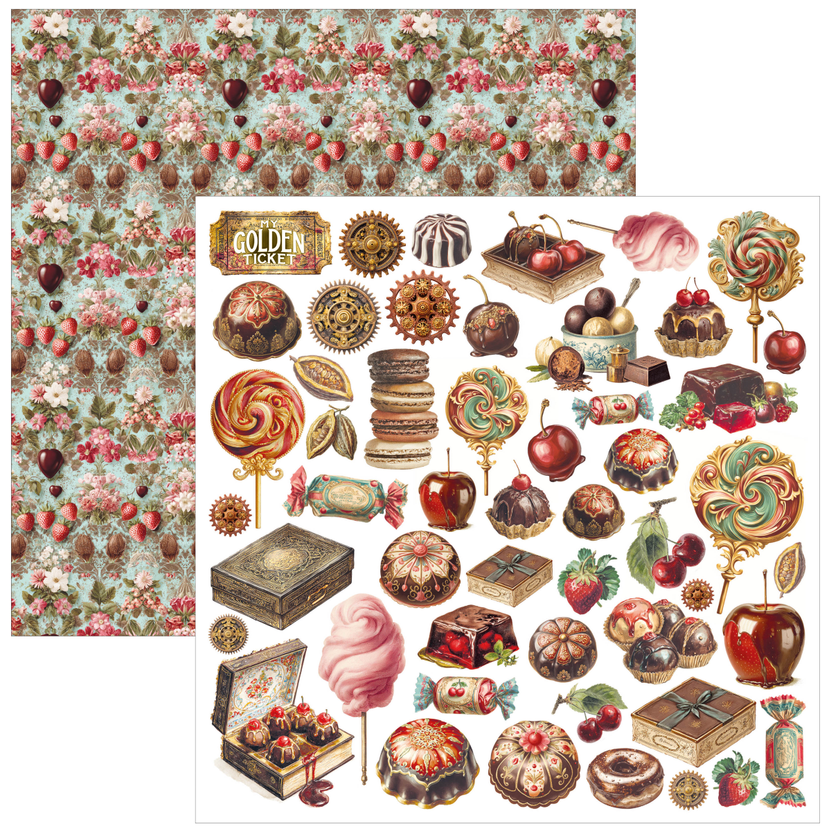 A sheet of vintage-style illustrated printed paper images showing assorted sweets, candies, cherries, and decorative boxes, partially covering a matching floral patterned background sheet.