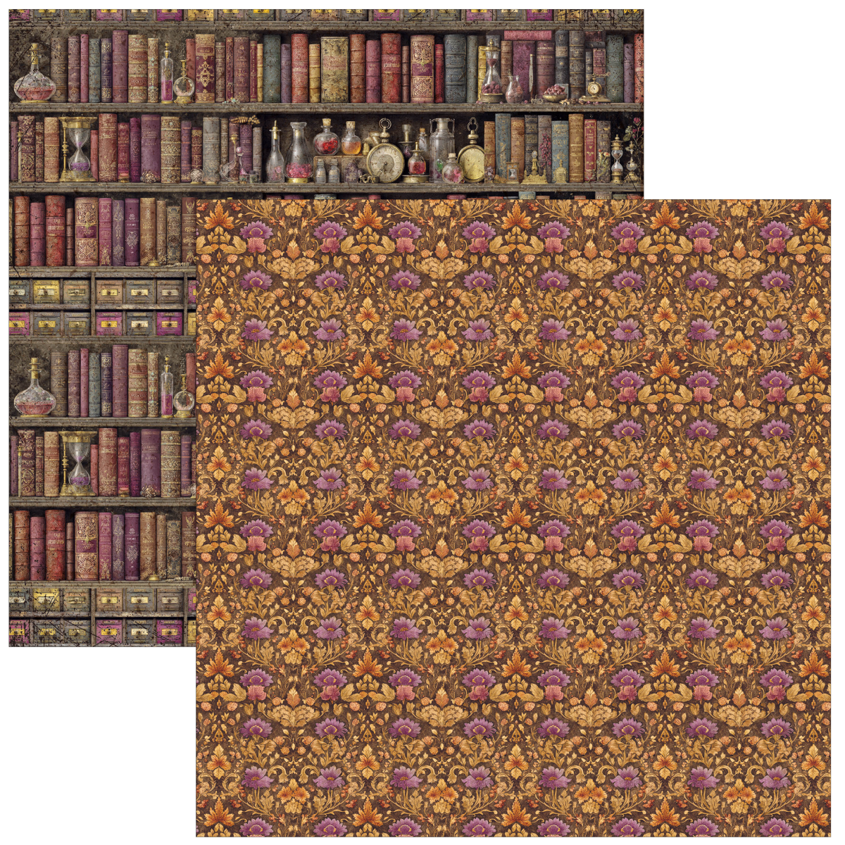 A decorative patterned paper design featuring a large central floral-and-motif panel in warm brown, gold, and purple tones, with a smaller matching library-bookshelf scene along the top left edge.
