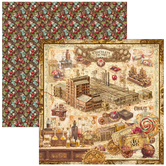 Two sheets of scrapbook paper from Golden Page Designs. One sheet features a dense vintage-style chocolate factory illustration with illustrations of factories, lollipops, and chocolate bars, while the other sheet features a repeating pattern of red cherries on a dark green background with small blue bows.