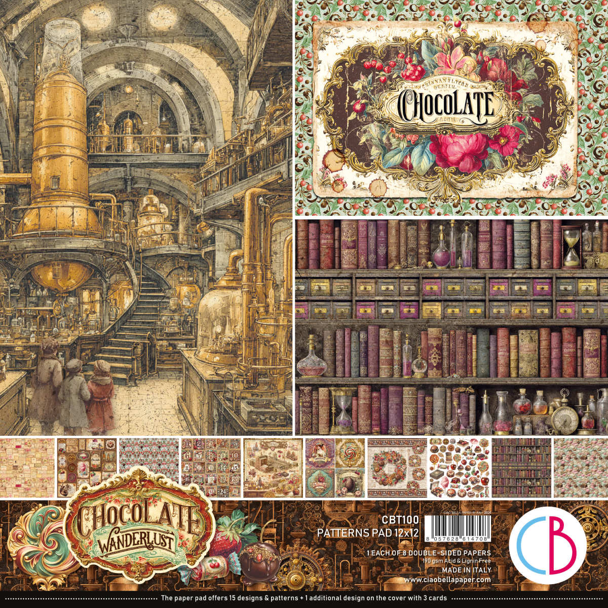 Chocolate Wanderlust paper pad cover and interior design collage showing vintage steampunk machinery, a chocolate shop interior, bookshelves, floral labels, and pattern swatches. Visible branding includes Chocolate Wanderlust and the CB logo.