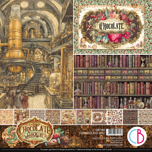 Chocolate Wanderlust paper pad cover and interior design collage showing vintage steampunk machinery, a chocolate shop interior, bookshelves, floral labels, and pattern swatches. Visible branding includes Chocolate Wanderlust and the CB logo.