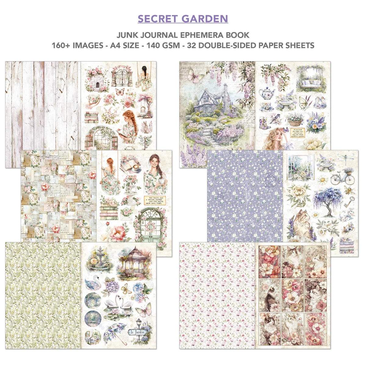 Secret Garden junk journal ephemera book with various designs on a white background