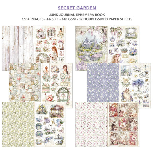 Secret Garden junk journal ephemera book with various designs on a white background