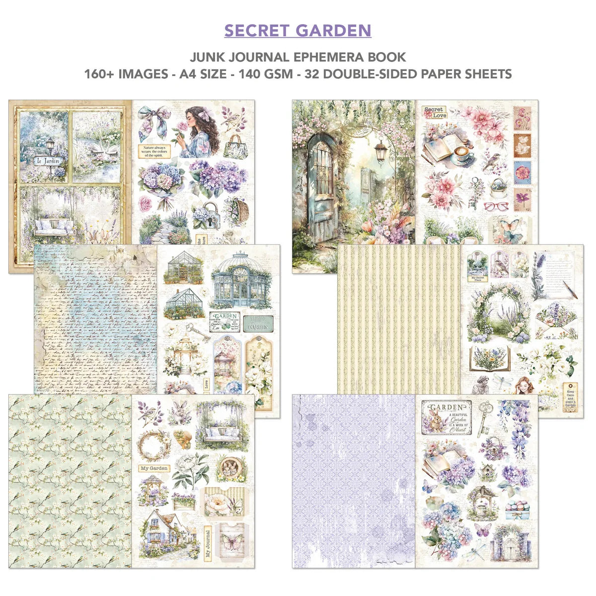 Secret Garden junk journal ephemera book with various designs on double-sided paper sheets.