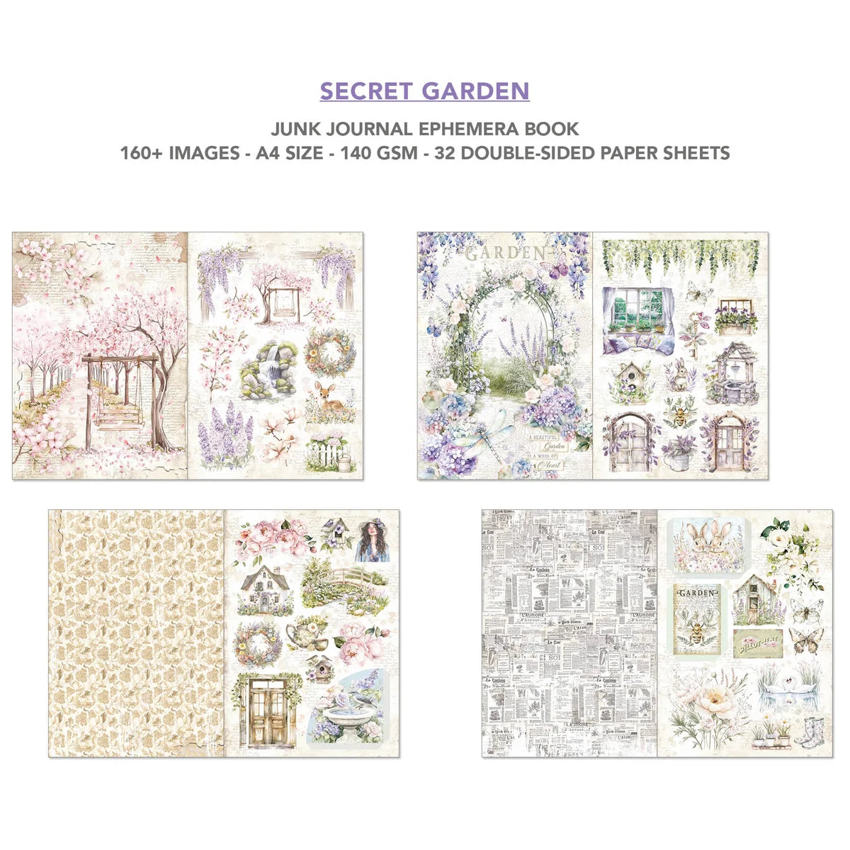 Secret Garden junk journal ephemera book, showing four sample pages of watercolor garden-themed designs, floral patterns, and floral arched details on a white background with product specifications at the top.