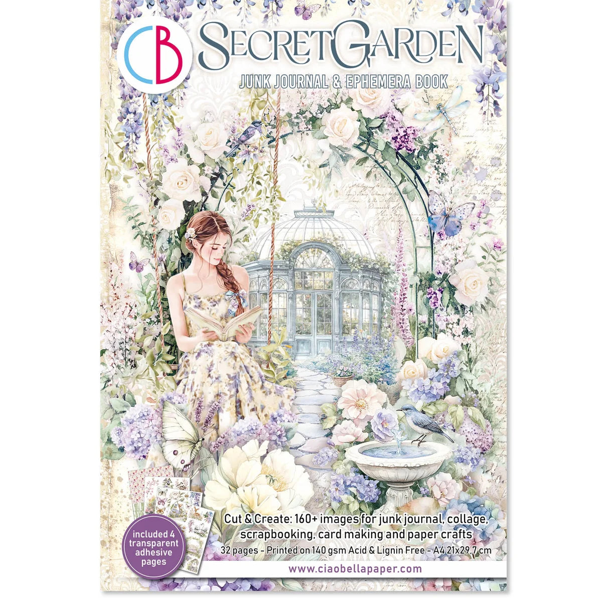 Front cover of the Secret Garden Juny Journal & Sphexra Book by Claibell Paper, featuring a vintage-style illustration of a woman sitting on a swing surrounded by flowers and greenery, with product text and branding at the top and bottom.