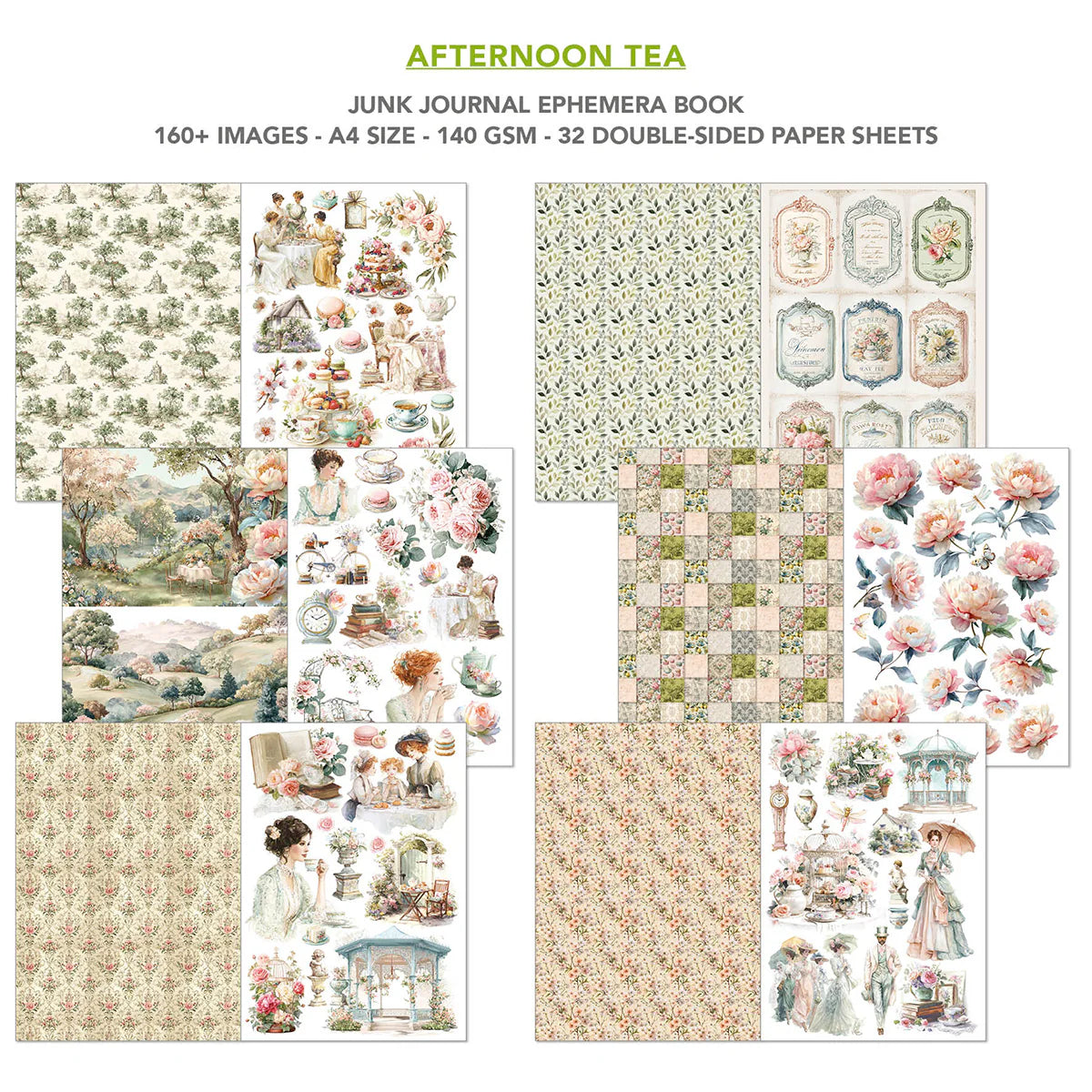 Card making and art journaling Vintage florals, tea party paper, and stickers