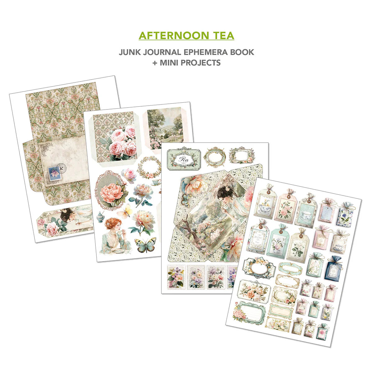 Card making and art journaling Vintage florals, tea party paper, and stickers