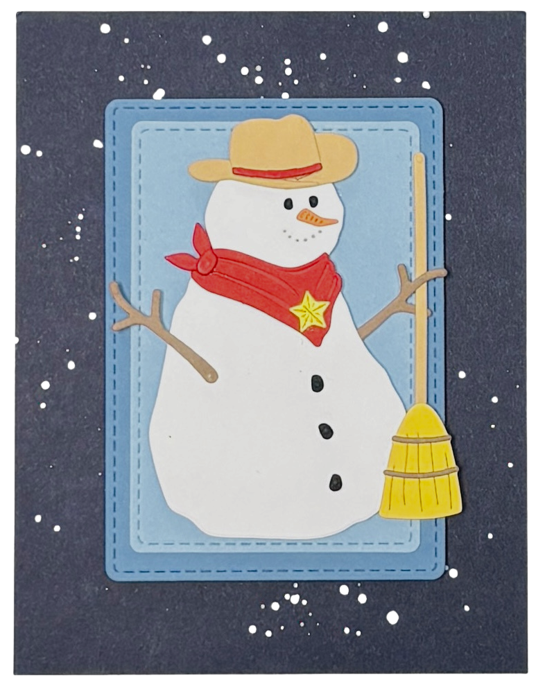 Snowman greeting card samples for bundled kit with background splatter