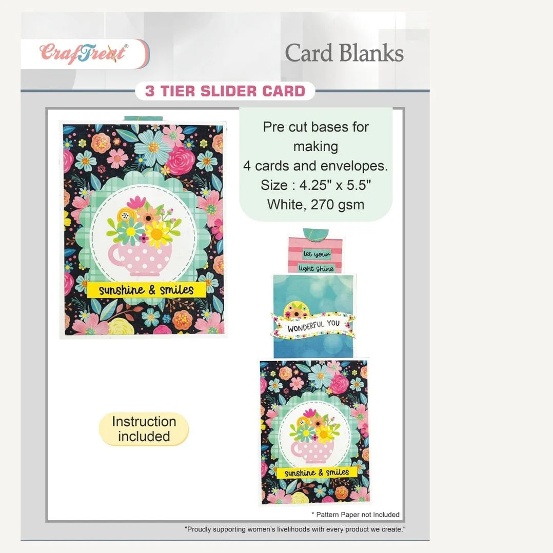 Card blanks with colorful designs and text on a white background