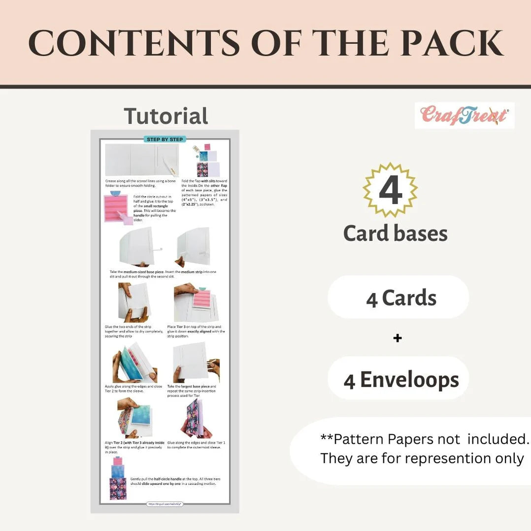 Product packaging with a tutorial sheet and item count for card-making supplies.