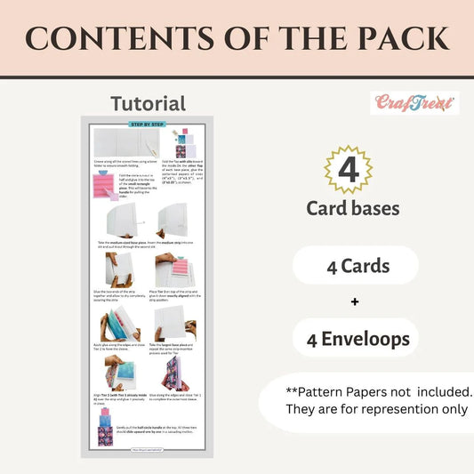 Product packaging with a tutorial sheet and item count for card-making supplies.