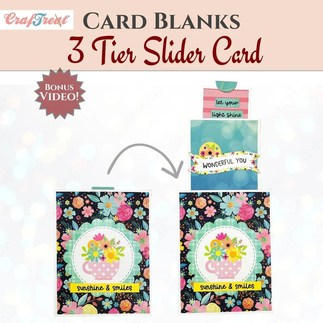 Three-tier slider card with floral design and text, featuring a bonus video offer.