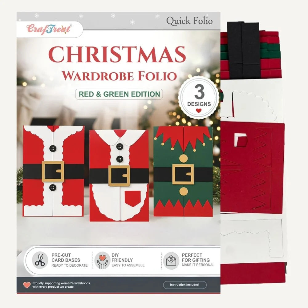 Craftfront Christmas Wardrobe Folio Quick Folio Red & Green Edition craft kit packaging, showing three assembled holiday-themed card bases (Santa, elf, and a red patterned one) alongside folded red, green, and black cardstock sheets on a white background.