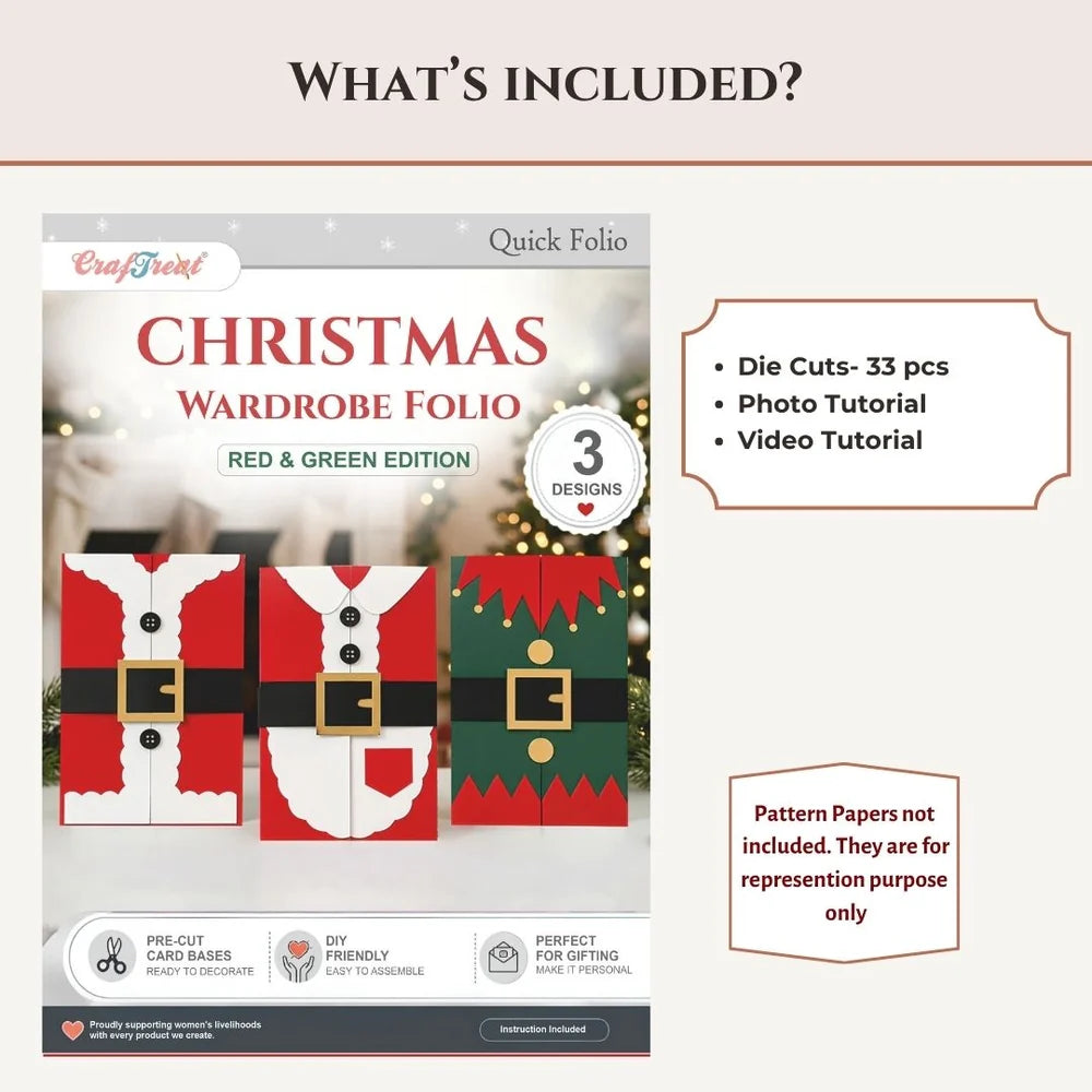 A product information graphic for a Christmas wardrobe folio set. The left side shows the front cover of the 'Crafter's Friend' Quick Folio, featuring red and green holiday-themed designs.